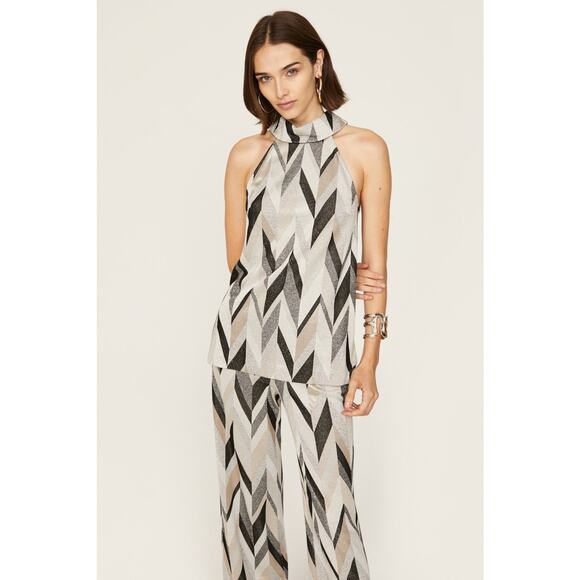 Trina Turk Jocular Geometric Chevron Silver Metallic Mock Neck Sleeveless Top XS - Picture 2 of 15